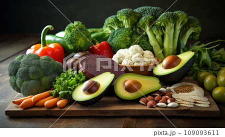 Fresh raw vegetable ingredients for healthy cooking or salad making with rustic wood board in center, top view, copy space. Fresh raw vegetable ingredients for healthy cooking or salad making with rustic wood board in center, top view, copy space. 109093611