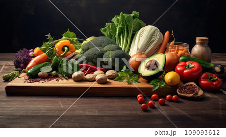 Fresh raw vegetable ingredients for healthy cooking or salad making with rustic wood board in center, top view, copy space. 109093612