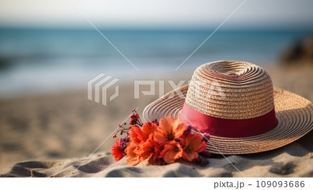 Straw hat on the beach. Beach holiday concept 109093686