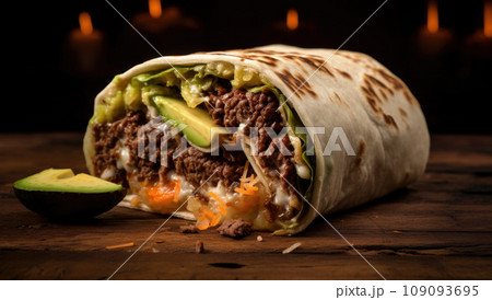 Burrito, Mexican and Tex-Mex food, flour tortilla with chili con carne filling Burrito, Mexican and Tex-Mex food, flour tortilla with chili con carne filling 109093695
