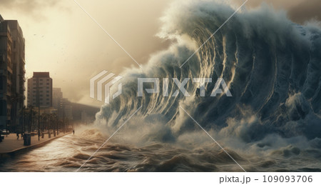 Apocalyptic dramatic background - giant tsunami waves crashing small coastal town 109093706