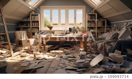 Sofa with tables and shelving units in messy living room 109093714