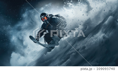 Young man snowboarder running down the slope in Alpine mountains. Winter sport and recreation, leisure outdoor activities 109093740