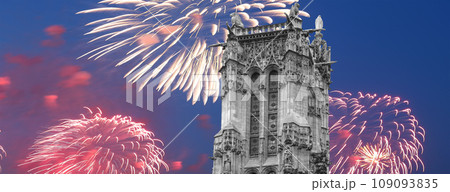 Celebratory colorful fireworks over the Saint-Jacques Tower (Tour Saint-Jacques). Located on Rivoli street, Paris, France. This 52 m Flamboyant Gothic tower (XVI century) Celebratory colorful fireworks over the Saint-Jacques Tower (Tour Saint-Jacques). Located on Rivoli street, Paris, France. This 52 m Flamboyant Gothic tower (XVI century) 109093835
