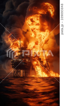 Fire on an oil rig in the sea or ocean Fire on an oil rig in the sea or ocean 109093848