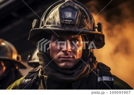 Firefighter's face in soot and grime Firefighter's face in soot and grime 109093907