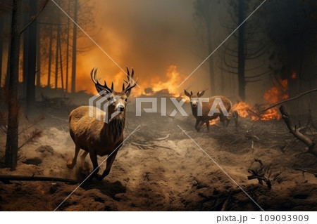 Moose fleeing from forest fire 109093909