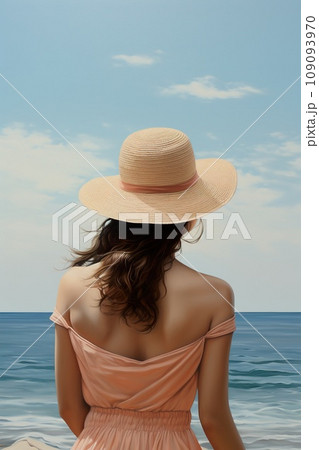 back view of woman in summer sun hat standing by sea or ocean water an looking at nature, follow me concept 109093970