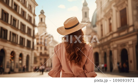 woman tourist walking old European city, person at Europe summer vacation, female travel by streets of Italy or France 109093971
