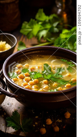 Chickpea soup in a bowl with spices 109094702