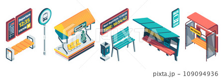 Isometric public transport station. Terminal with seats for trolleybuses and trams, station construction for city transport vehicles. Vector set Isometric public transport station. Terminal with seats for trolleybuses and trams, station construction for city transport vehicles. Vector set 109094936