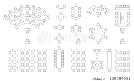 Wedding seating plan. Conference banquet and seminar classroom interior, conference hall and seminar room interior design. Vector top view of arrangement 109094951