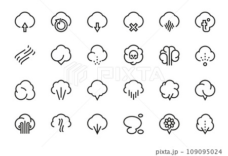 Smell line icons. Outline smell elements for logo design, breath smoke fog steam aroma fume and odor symbol. Vector breath pictograms collection 109095024