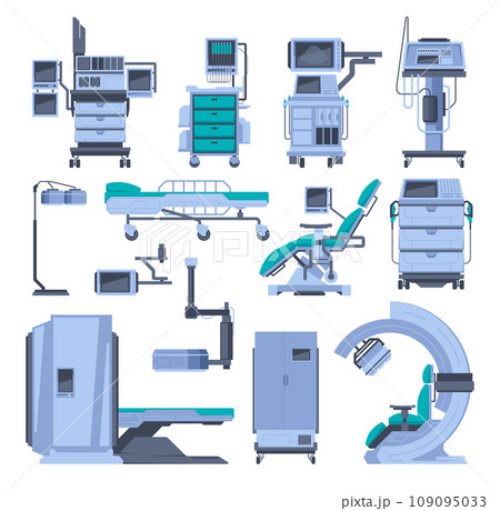 Hospital equipment. Medical diagnostic and treatment instruments cartoon style, doctor room equipment for care and treatment. Vector set Hospital equipment. Medical diagnostic and treatment instruments cartoon style, doctor room equipment for care and treatment. Vector set 109095033
