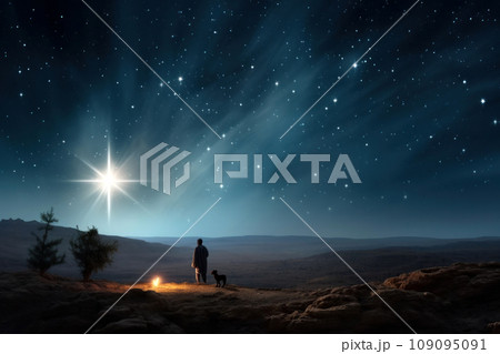 The star shines over the manger of Christmas of Jesus Christ. 109095091
