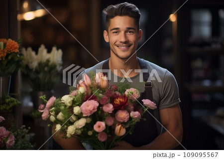 Young, beautiful guy seller in a flower store, picks a bouquet of flowers, smiles and looks at the camera. Ai Generated 109095567