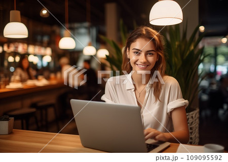 girl with a laptop working in a cafe, smiling, looking at the camera. Bar or cafe administrator Ai Generated 109095592