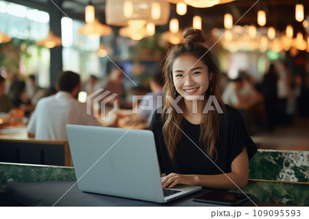 girl with a laptop working in a cafe, smiling, looking at the camera. Bar or cafe administrator Ai Generated girl with a laptop working in a cafe, smiling, looking at the camera. Bar or cafe administrator Ai Generated 109095593