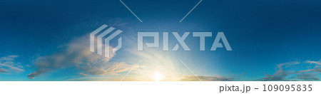 Sunset sky panorama with bright glowing pink Cumulus clouds. HDR 360 seamless spherical panorama. Full zenith or sky dome in 3D visualization, sky replacement for aerial drone panoramas. 109095835