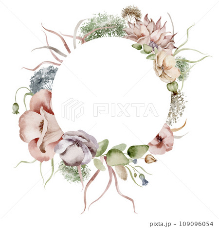 Flower frame of wildflowers. Watercolor botanical round wreath on isolated background. Herbarium grass border for greeting cards, logos and wedding invitations. 109096054