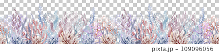 Underwater sea border. Watercolor corals and seashells on isolated background for banner. Flora of the ocean marine nature. Undersea horizontal ornament. Underwater sea border. Watercolor corals and seashells on isolated background for banner. Flora of the ocean marine nature. Undersea horizontal ornament. 109096056