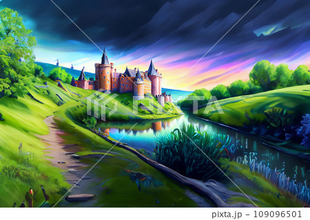 川沿いに建つ中世ヨーロッパの城のイラスト 109096501