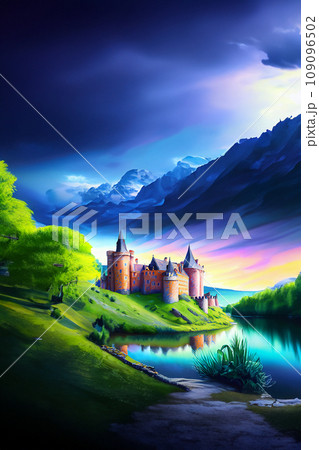 川沿いに建つ中世ヨーロッパの城のイラスト 109096502