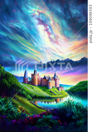 川沿いに建つ中世ヨーロッパの城のイラスト 109096503