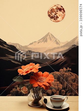 Minimalistic collage of flowers, cup of coffee with snowy mountains and planet at orange sky in the background. Surreal collage-style paintings. High quality illustration 109096574