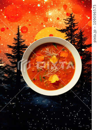 Minimalistic collage of soup, Ukranian borsch, trees, stars and red sky in the background. Surreal collage-style paintings. High quality illustration 109096575