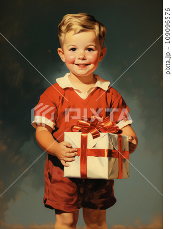 Retro 1960's postcard of little boy it redt-shirt holding gift box with red ribbon on dark neutral background. High quality illustration 109096576