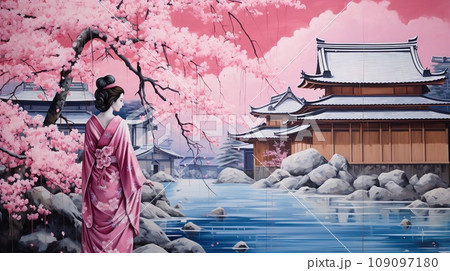 Portrait of Japan geisha with pink sakura, a Japanese hostess trained to entertain men with conversation, dance, and song 109097180
