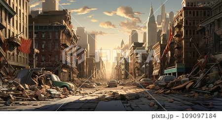 The city after strong earthquake, a sudden and violent shaking of the ground, sometimes causing great destruction, as a result of movements within the earth's crust or volcanic action 109097184