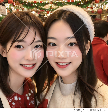 クリスマスツリーの前に2人の姉妹の素敵な女性がカメラ目線で立っている所を生成で描きました 109097185