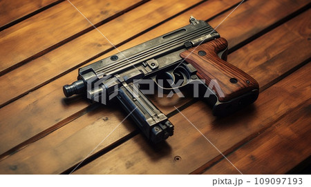 Detail to sub machine gun on the table, military weapon concept 109097193