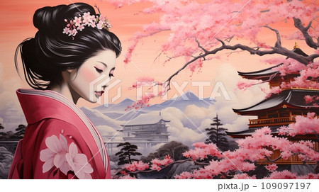 Portrait of Japan geisha with pink sakura, a Japanese hostess trained to entertain men with conversation, dance, and song 109097197