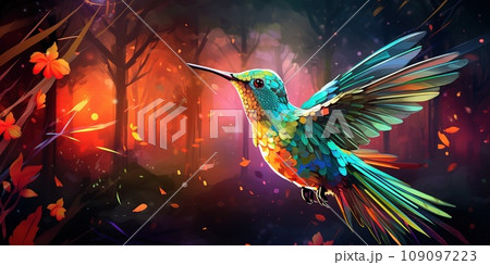 Colorful hummingbird in the jungle, wildlife and nature concept Colorful hummingbird in the jungle, wildlife and nature concept 109097223