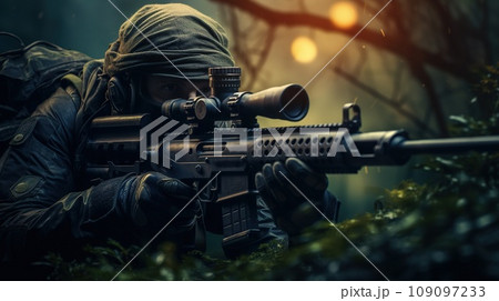 Sniper aiming and shooting from a hiding place, especially accurately and at long range, war concept 109097233