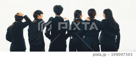 Panoramic banner back view of office worker team standing in line. Shrewd Panoramic banner back view of office worker team standing in line. Shrewd 109097303