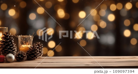 Merry Christmas and Happy New Year background with empty wooden table comeliness Merry Christmas and Happy New Year background with empty wooden table comeliness 109097394