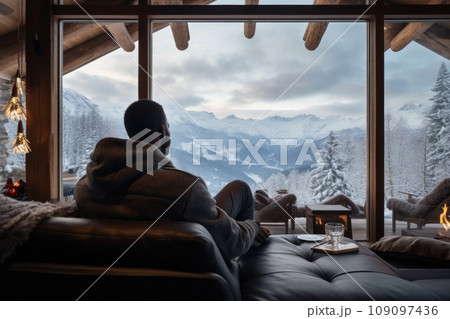 Traveler enjoying weekends inside contemporary house in mountains. comeliness 109097436