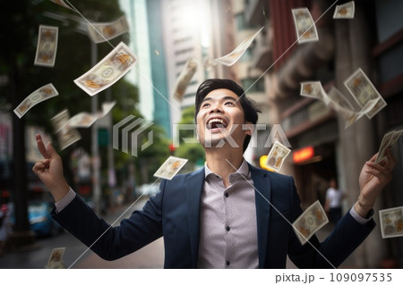 Happy person getting bonus money and banknotes flying in the air comeliness 109097535