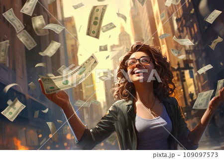 Happy person getting bonus money and banknotes flying in the air comeliness Happy person getting bonus money and banknotes flying in the air comeliness 109097573