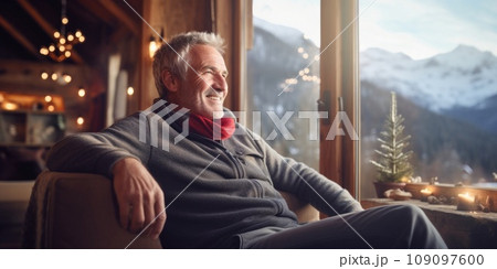 Traveler enjoying weekends inside contemporary house in mountains. comeliness 109097600