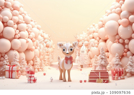 Cute christmas trees 3D cartoon style and merry christmas decorations comeliness 109097636
