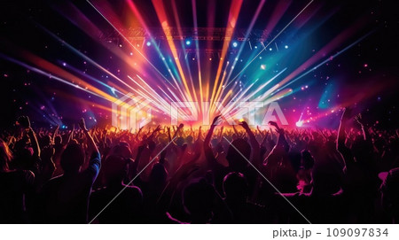 silhouette of concert crowd in front of bright stage lights silhouette of concert crowd in front of bright stage lights 109097834