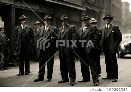 A group of menacing gangsters in the 1930s exude an aura of danger and lawlessness as they stand on the gritty streets of the city. Adorned in sharp suits and fedora hats. 109098585