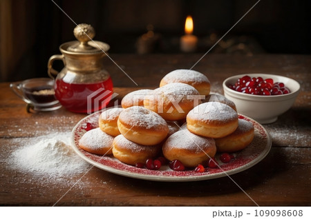 A plate of freshly made Sufganiyot treat that are filled with jelly or jam and dusted with powdered sugar, is Traditional Jewish donuts during Hanukkah celebration. 109098608