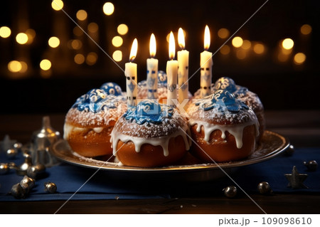 Sufganiyot on a platter, surrounded by Hanukkah decorations like a menorah, dreidels, and blue and white candles. The composition is festive and vibrant, capturing the essence of the holiday. 109098610