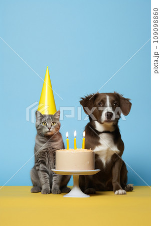 cute and funny cat and dog celebrate happy birthday by cake with candles cute and funny cat and dog celebrate happy birthday by cake with candles 109098860